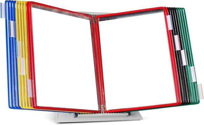 Tarifold Desktop Reference Display System, 20 Pockets, Expandable, Assorted | 20 double-sided PVC pockets, holds 40 letter-size sheets, sturdy metal base, quick-find indexing, quick and easy to assemble