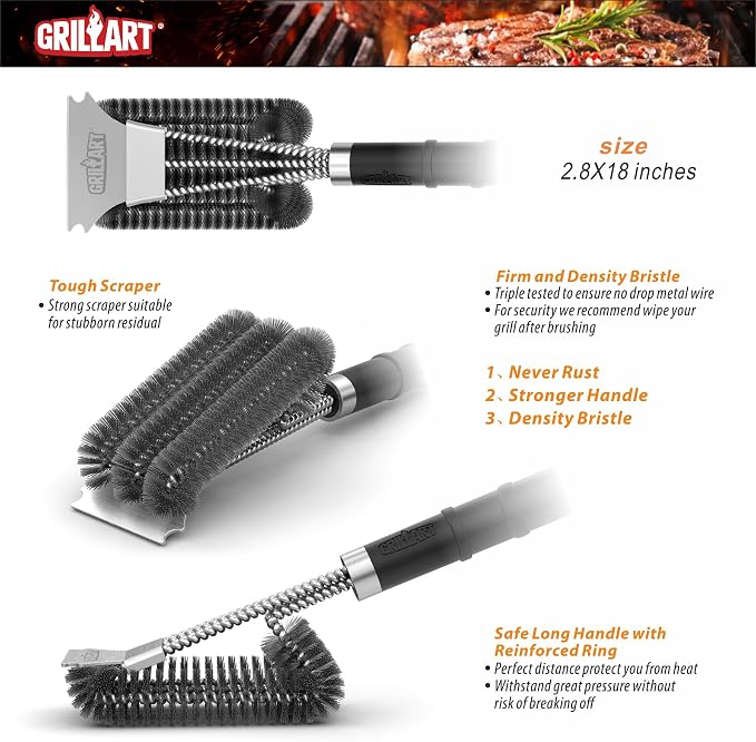 GRILLART Grill Brush and Scraper with Deluxe Handle, Safe Wire Grill Brush BBQ Cleaning Brush Grill Grate Cleaner for Grill/Smoker/Gas/Charcoal Grill Cleaning-Grill Gifts for Men/Dad, BR-8529