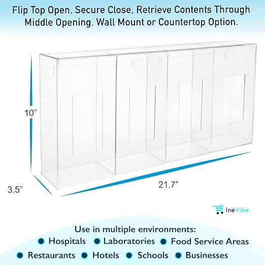 IneVibe 4 Compartment Hygiene Holder with Lid for Home or Office (Quad) | Quad Acrylic Dispenser For Hairnets, Glove Boxes, Face Masks, Plastic Bags, Tissue Boxes, Medical - Countertop or Wall Mount