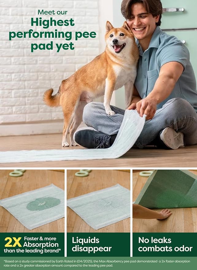 Earth Rated Max Absorbency Puppy Pee Pads for Dogs Absorbs 2X Faster & 2X More, Leak-Proof Odor-Free Potty Training Wee Wee Pad, Unscented, Large, 22” x 23”, 75 Count