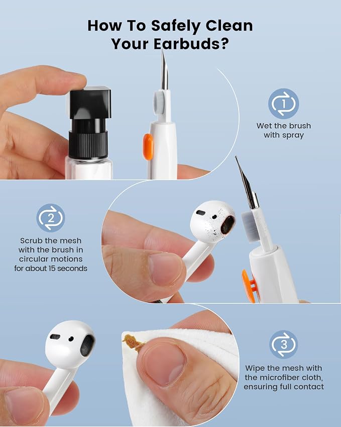20-in-1 AirPod Cleaning Kit Pro 4 3 2 1 Cleaner Tool for Earbud Phone | Multifunction Deep Cleaning Headphones Keyboard Screen with Soft Brush, Metal Tip, Flocking Sponge, 15ml Spray, Cloth, Putty