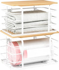 2 Pack Extra Large Stackable Pantry Organizer,Wall Mount Garbage Bag Holder Dispenser with Bamboo Top for Kitchen Laundry Room Organization,White