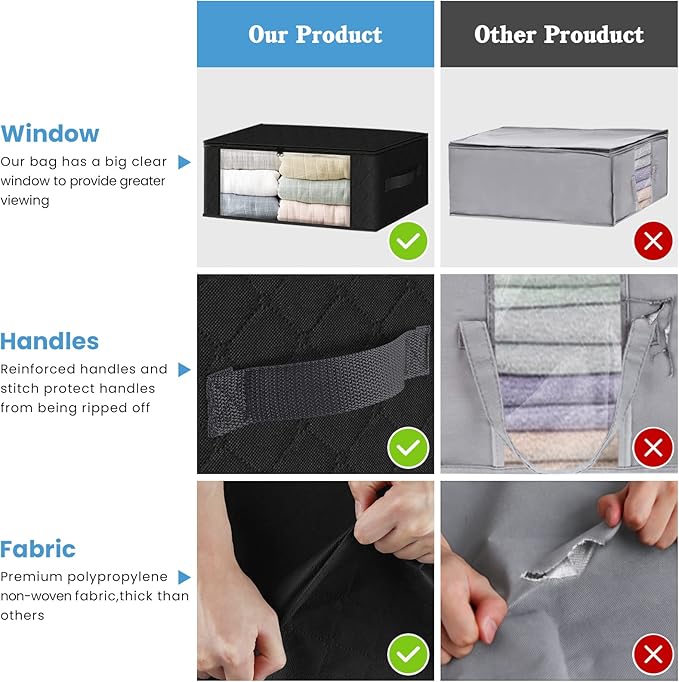 HomeHacks Storage 10-Pack Clothes Organizer Storage Bags Foldable Storage Box with Large Clear Window Sturdy Handles for Closet, Dorm, Pillows, Bedding, Clothes, Blankets, 35L, Black