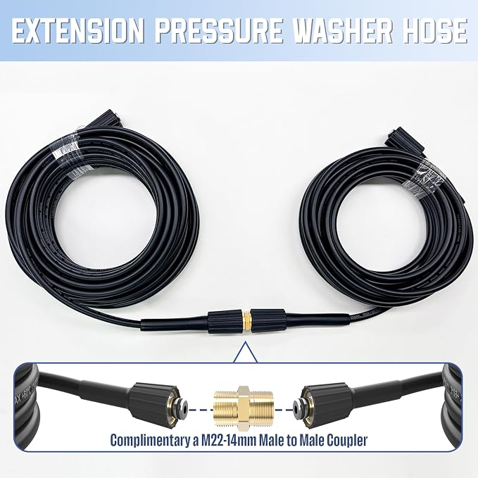 PVC Pressure Washer Hose 50 FT x 1/4", Kink Resistant Power Washer Hose, High Pressure Water Hose Extension Replacement for Home Use with M22-14mm Brass Fittings, 3300 PSI, Black