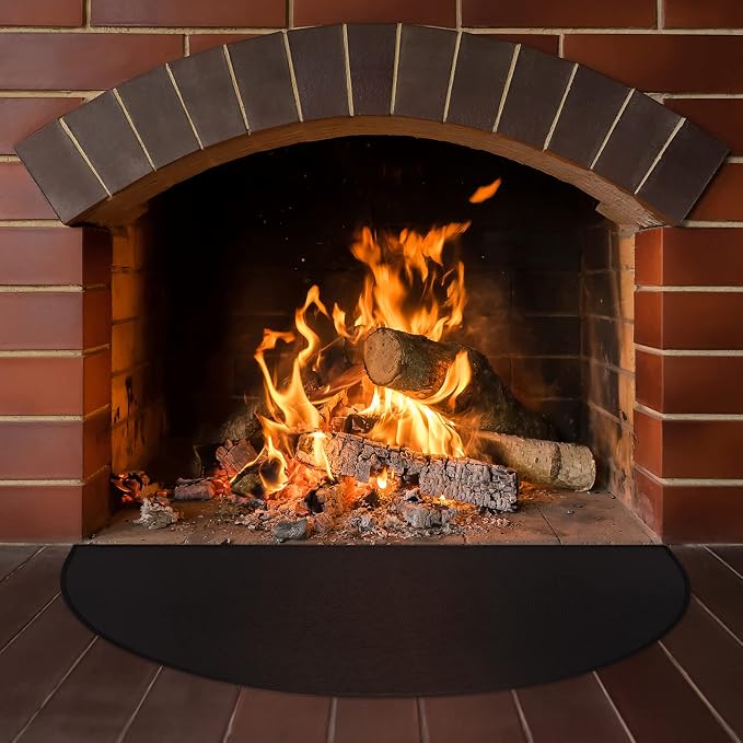 FLASLD Fireproof Fireplace Mat & Hearth Rug 24×42Inch Half Round Hearth Stove Rug Protects Floors, Decks and Patios from Sparks Embers, Black