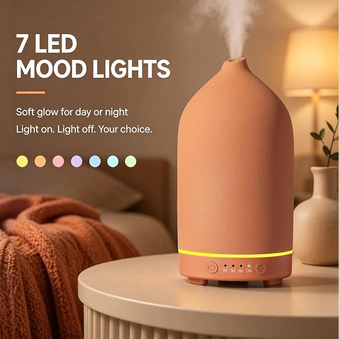 200ML Ceramic Essential Oil Diffuser for Home, Stone Diffuser | Ultrasonic Aromatherapy Diffuser & Air Humidifier for Bedroom, Office, Yoga, 7 LED Lights, Auto Shut-Off, 3 Timers, Brown