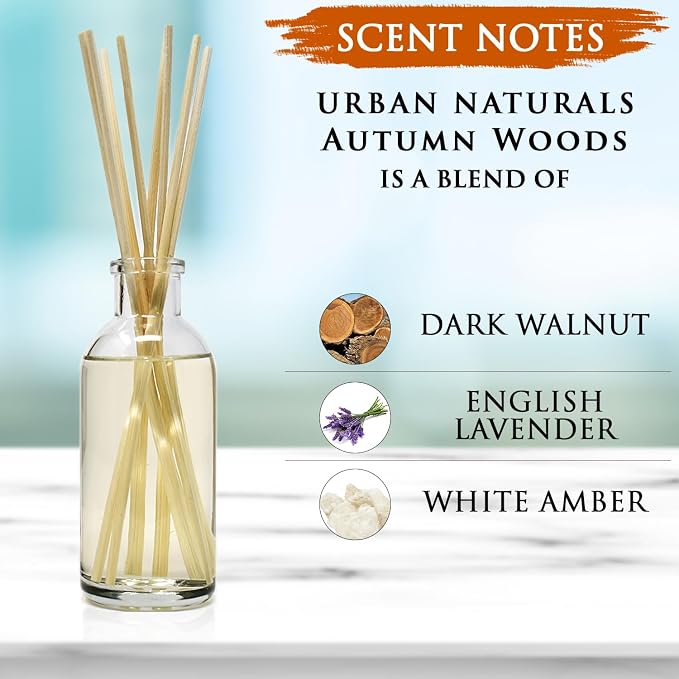 Reed Diffuser Set, Autumn Woods - Bathroom Shelf Décor | Dark walnut, English Lavender and White Amber, A Fresh, Earthy, Woodsy Fall Forage Scent, Made in the USA