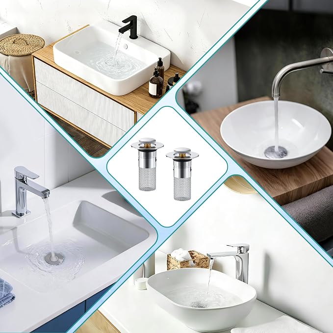Bathroom Sink Drain Strainer, Pop-Up Sink Stopper Hair Catcher, Anti-Clog with Removable Stainless Steel Filter Basket, Universal for US Standard Drain Stopper Replacement (Silver, 2pcs)
