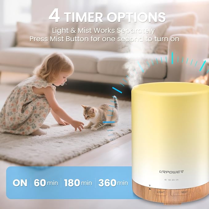 URPOWER 300mL Essential Oil Diffuser Ultrasonic Aromatherapy Diffuser | Quiet Diffuser with Auto-off Protection, 7-Color LED Light & 4 Timer Settings Humidifier for Yoga Bedroom Living Room Office