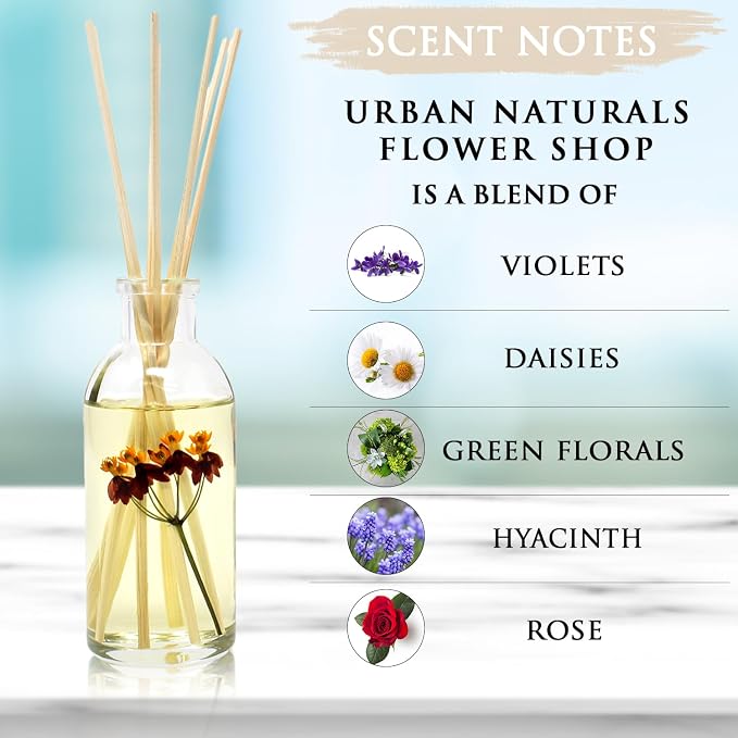 Reed Diffuser Set, Flower Shop - Bathroom Shelf Décor | Violets, Daisies, Hyacinth & Rose Fragrance Notes, Real Flower inside the Bottle Made in the USA, Great Gift for Mom