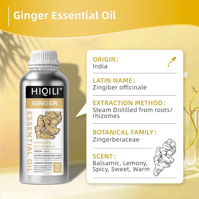 HIQILI Ginger Oil for Hair, Massage & Skin | Large Bottle for Extended Use, Body & Scalp, Soothes Tired Muscles after Activity, DIY Blends & Diffuser - 1000mL / 32 fl oz