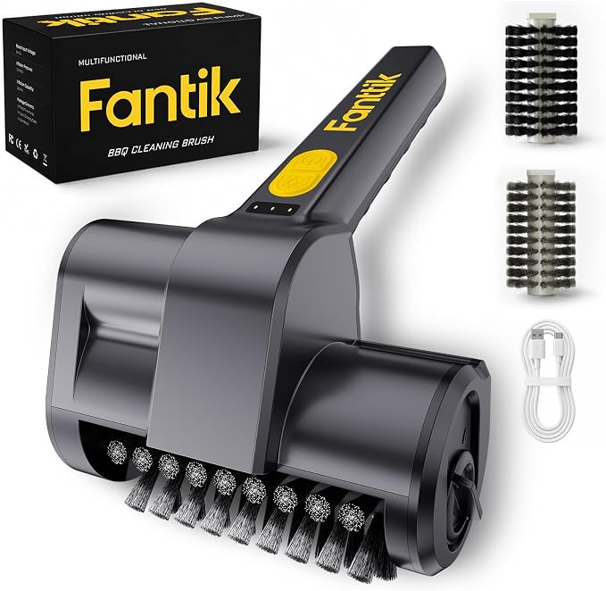 Fantik Electric Grill Brush, Cordless Rechargeable BBQ Grill Cleaner | Built-in LED for Night Use, w/550 RPM, Reinforced 304 Stainless Steel & Dishwasher Safe Removable Brushes, for Outdoor Grill