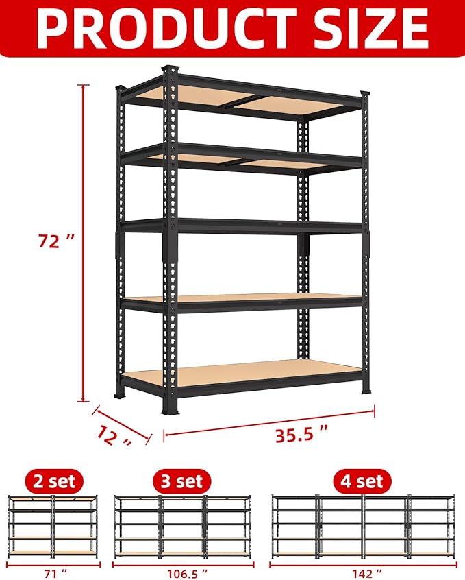PrimeZone 35.5" x 12" x 72" Heavy Duty Storage Shelves - 5 Tier Adjustable Garage Storage Shelving, Metal Storage Utility Rack Shelf Unit for Warehouse Pantry Closet Kitchen, Black, 2 Pack