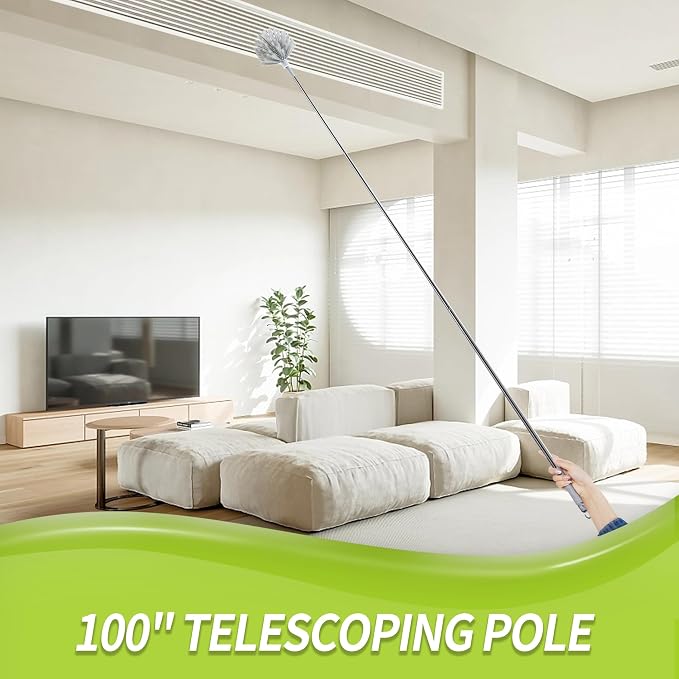 IVYROLL Cobweb Duster & 100'' Microfiber & Chenille Ceiling Cleaner Kit | Reusable Feather Duster with Extension Pole, Bendable, Washable