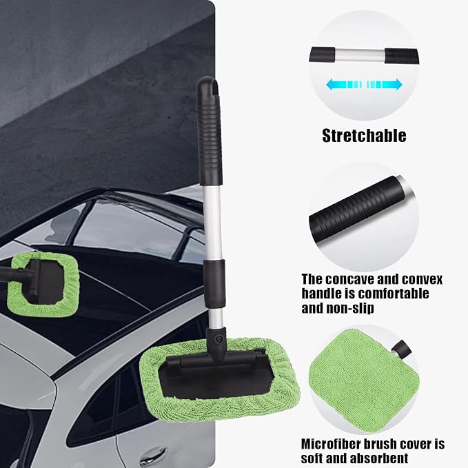 Car Glass Cleaner Wiper,Windshield Cleaning Tool, Microfiber Window Cleaner with Extendable Handle,Auto Glass Wiper Kit(Green Square)