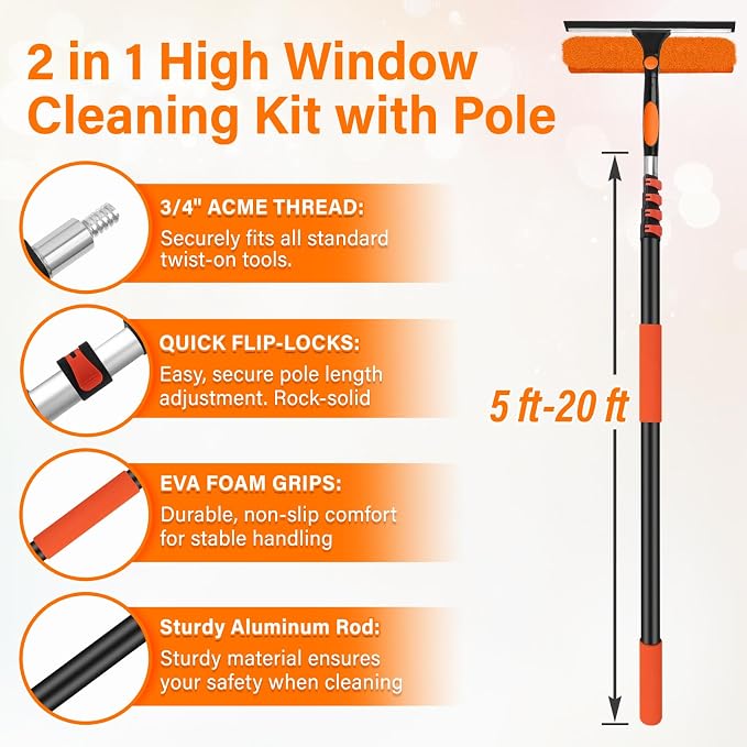 26FT Telescoping Window Squeegee Kit | 2-in-1 Window Washer & Microfiber Scrubber with Extension Pole | High Reach Cleaning Tool for Outdoor, Indoor Windows & Glass