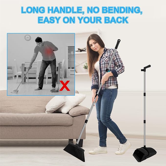 Broom and Dustpan Combo Set, 51" Long Handle with Squeegee | Black Complete Cleaning Kit, Floor Squeegee for Wet & Dry Messes, Built-in Comb Dustpan for Home & Pet Areas