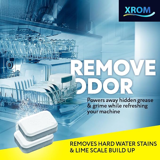 XROM Dishwasher Cleaner Tablets, Plant Based, Deep Clean And Descale, Removes Odors, Removes Hard Water Stains, Powerful Descaling, 6 Treatments (Lemon Scent)