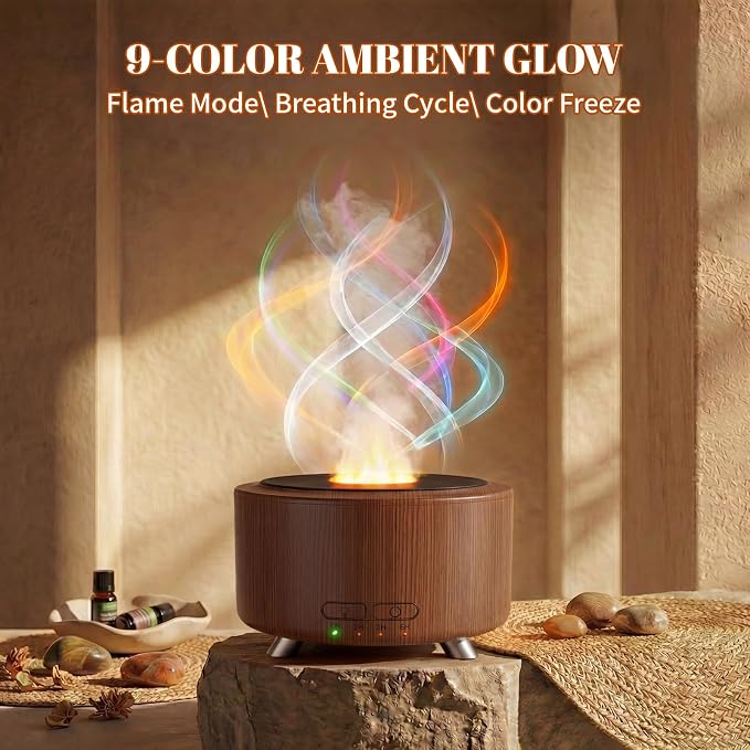 500ML Retro Vinyl Essential Oil Diffuser for Home | 3D flame effect & 9 colors. 500ml tank lasts 14H for deep sleep. BPA-free with auto-off ensures safety for babies and pets.