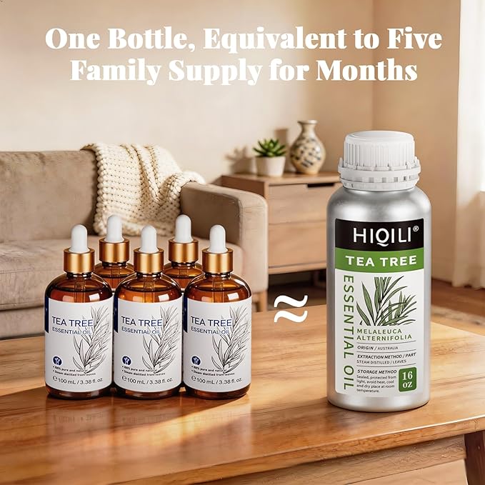 HIQILI Tea Tree Oil Large Capacity for DIY Candles, Soaps and Nail Care | Ideal for Home Stockpile, Foot Spa, Nail Salon, Beauty Salon, Hotel, DIY Studio - 500ml/16 fl oz