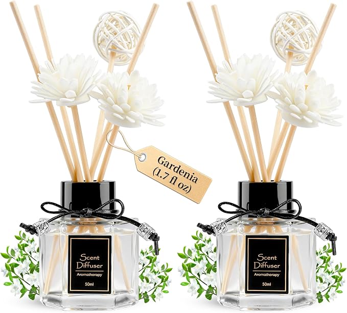 TonJin 2PCS Gardenia Reed Diffuser Set 1.7 fl oz with 6 Scent Sticks, White Floral Home Fragrance, Natural Scented Oil Sticks for Bathroom, Living Room & Bathroom | Non-Toxic Air Freshener