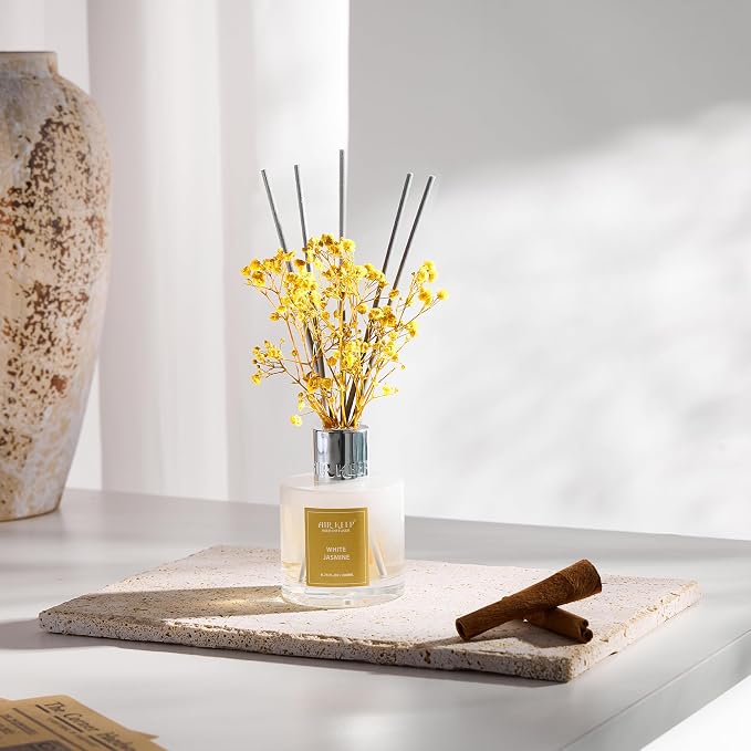 Reed Diffuser Set,6.76 fl oz (200 ml) - White Jasmine Oil Diffusers with 8 Reed Sticks, Home Fragrance Reed Diffuser for Bathroom Shelf Decor
