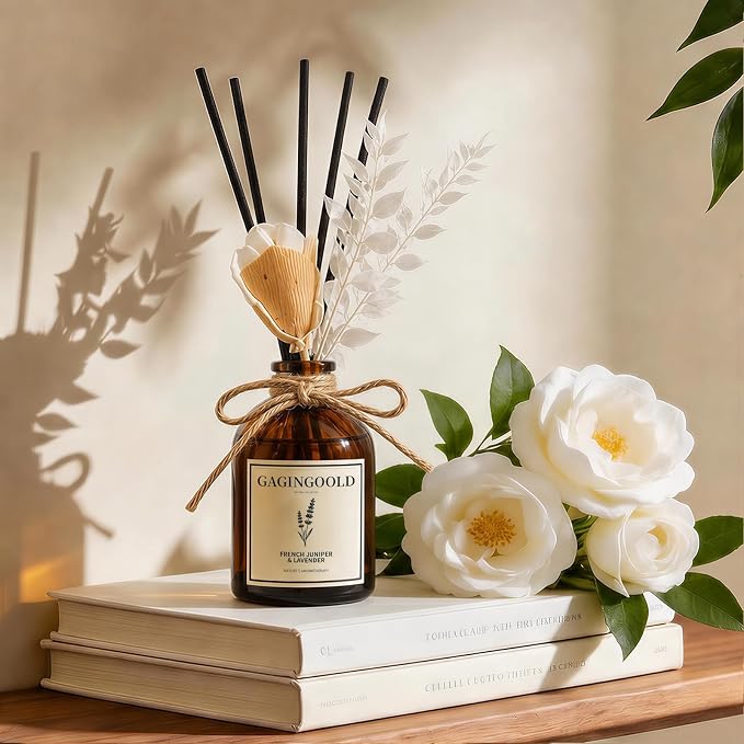 Reed Diffuser Set, Lavender Scent Diffuser with 10 Sticks & Decorative Flower, Long Lasting Diffusers for Home Fragrance, Vintage Decor for Bathroom Bedroom Office Shelf, 5 Fl.oz