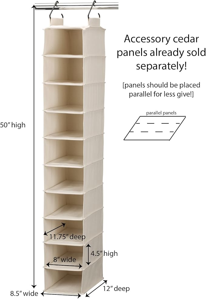 Household Essentials Hanging Shoe Organizer, 10 Wide Cubbies with Cedarline Pockets, Heavy-Duty Cotton Canvas, Removable and Industrial Hooks, Natural