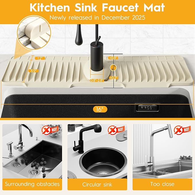 16" Silicone Faucet Mat for Kitchen Sink Released in 2025/12TH,8° Slope Fast Self-draining-Kitchen Sink Splash Guard,Bathroom Kitchen Sink Area Water Splash Guard Behind Faucet Draining Mat Beige