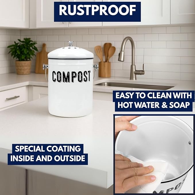 Granrosi Compost Bin Kitchen Counter, 1.3 Gallon, 3 Charcoal Filters | Countertop Composter Pail with Lid, Stainless Steel Counter Top Bin, Rust-Free Farmhouse Indoor Compost Bucket, White Oval