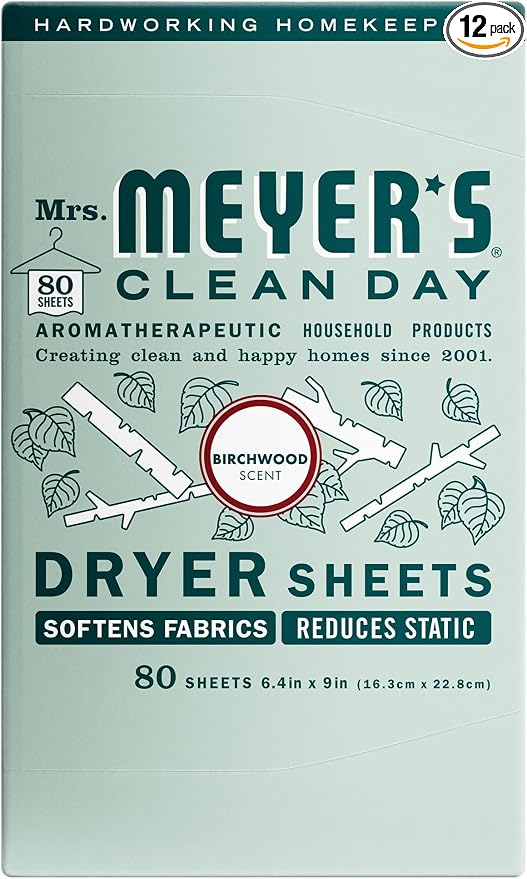 MRS. MEYER'S CLEAN DAY Dryer Sheets, Fabric Softener, Reduces Static, Infused with Essential Oils, Birchwood, 80 Count (Pack of 12)