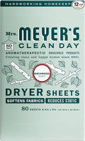MRS. MEYER'S CLEAN DAY Dryer Sheets, Fabric Softener, Reduces Static, Infused with Essential Oils, Birchwood, 80 Count (Pack of 12)
