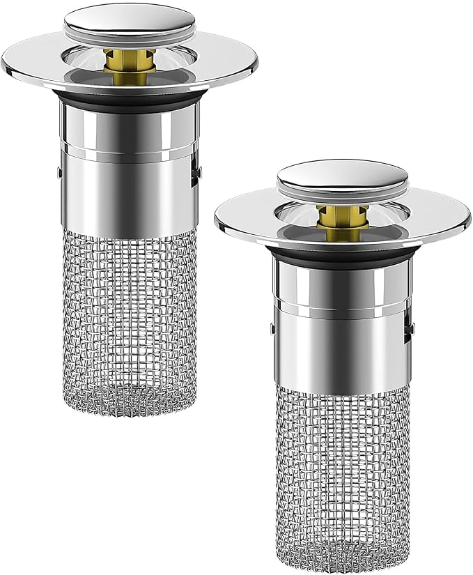 Bathroom Sink Stopper Hair Catcher, Pop Up Drain Plug with Strainer and Filter Basket, Universal Replacement Cover, 2 Pack