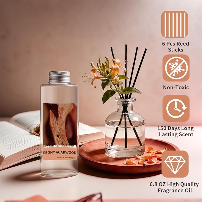 STRN Reed Diffuser Oil Refill, Ebony Agarwood Scented Diffuser 200ML | Summer Long-Lasting Fragrance for Living Room, Bedroom, Office, Home Décor