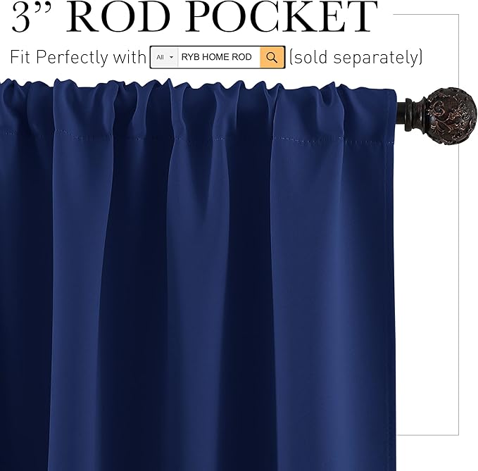 RYB HOME Kitchen Curtains 36 inch Long for Small Window Curtains Short Drapes for Bedroom, Half Window Tiers for Kids Room Bathroom Nursery, W 42 x L 36 in per Panel, Marine Blue, 2 Pcs