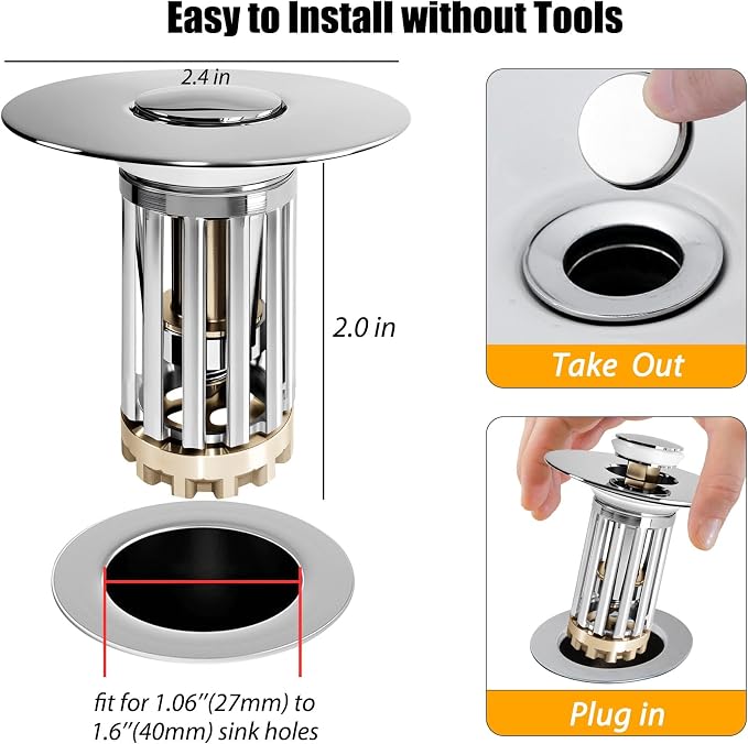 Anlige Bathroom Sink Drain Strainer, 2PCS 3 in 1 Pop Up Bathroom Sink Stopper with Removable Brass Basket Hair Catcher, Universal Sink Plug for 1.06 to 1.6in Drain Hole, Chrome Silver