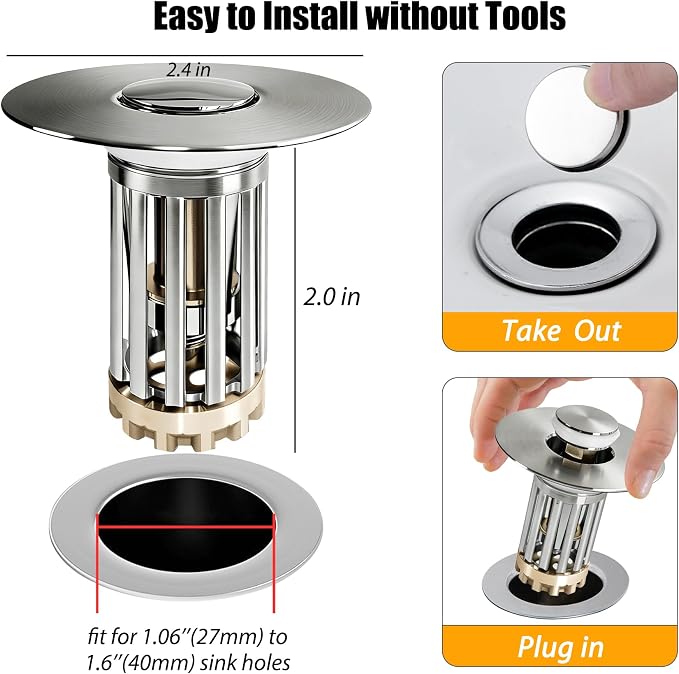 Anlige 3 in 1 Pop Up Bathroom Sink Stopper, Bathroom Sink Drain Strainer, with Removable Basket Hair Catcher, Universal Sink Plug Cover for 1.06 in to 1.6 in Drain, Brushed Nickel