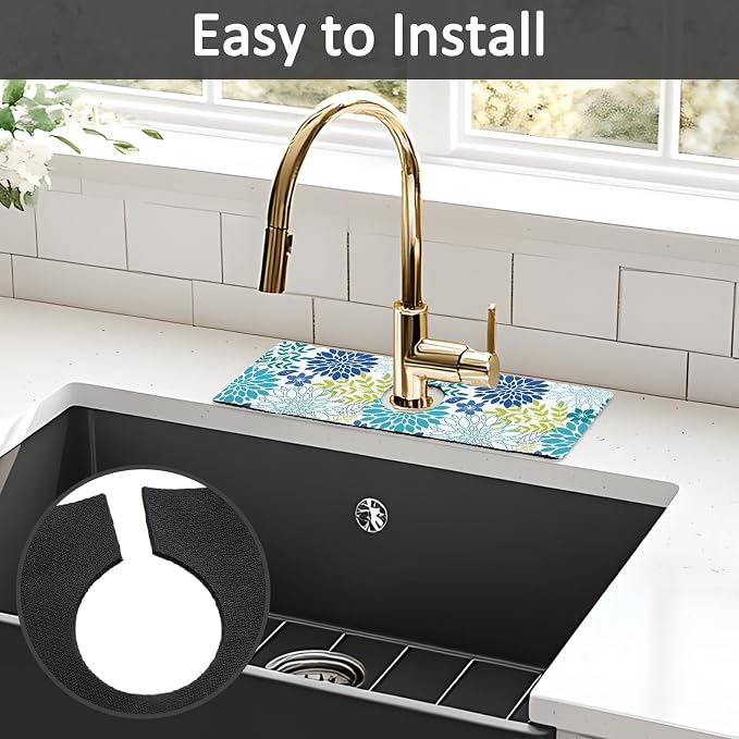 15" X 5.5" Kitchen Sink Splash Guard Faucet Mat Floral Super Absorbent Fast Drying Faucet Guard & Draining Mat Sink Splash Guard Behind Faucet for Kitchen, Bathroom