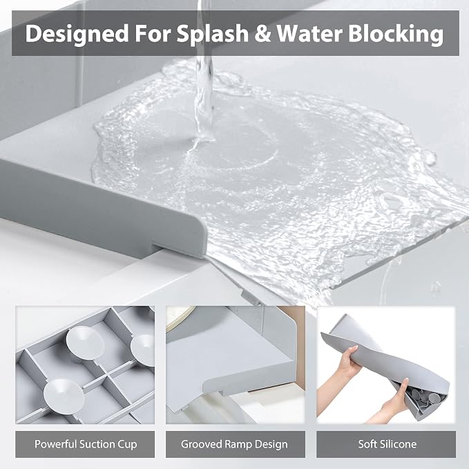 Full-Coverage Sink Splash Guard – 17.7 Inch Extra-High Ramp with Super Strong Suction Cups, Silicone Sink Splash Guard with Front-Edge Storage for Kitchen (Grey, 17.7''x4.7''x2.8')