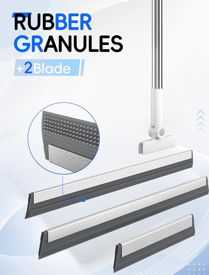 Floor Squeegee Broom with Long Handle, Heavy Duty Rubber Squeegee Kit, Scrubber for Tile Floor, Garage, Concrete with 2 Long Handles, 2 Squeegee Heads & 1 Cloth (Textured Blade 2-Pack)