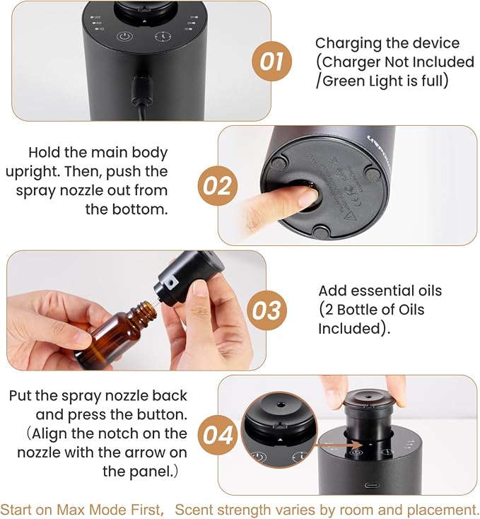 URPOWER Waterless Essential Oil Diffuser Cordless Mini Scent Diffuser 20mL | Includes 2 x 20mL Hotel-Inspired Essential Oils, Rechargeable Aluminum Waterless Diffuser for Car, Home & Office, Black