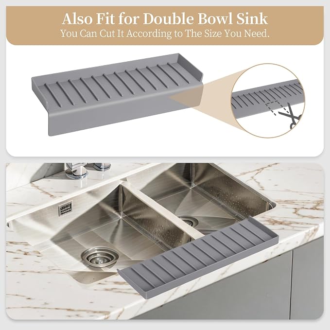 Sink Edge Protector with Suction Cup, 14" x 4", Silicone Sink Splash Guard for Kitchen & Bathroom, Protect Countertop from Scratches, Stains, for Stainless Steel Granite Quartz, Gray