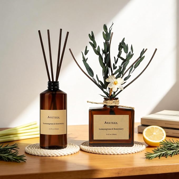 Reed Diffuser, Lemongrass Rosemary Fresh Ginger Scented Oil Refill | 6.8 Fl Oz (200ml) Essential Oil Diffuser with Diffuser Sticks for Bathroom, Elegant Fragrance for Room Decor
