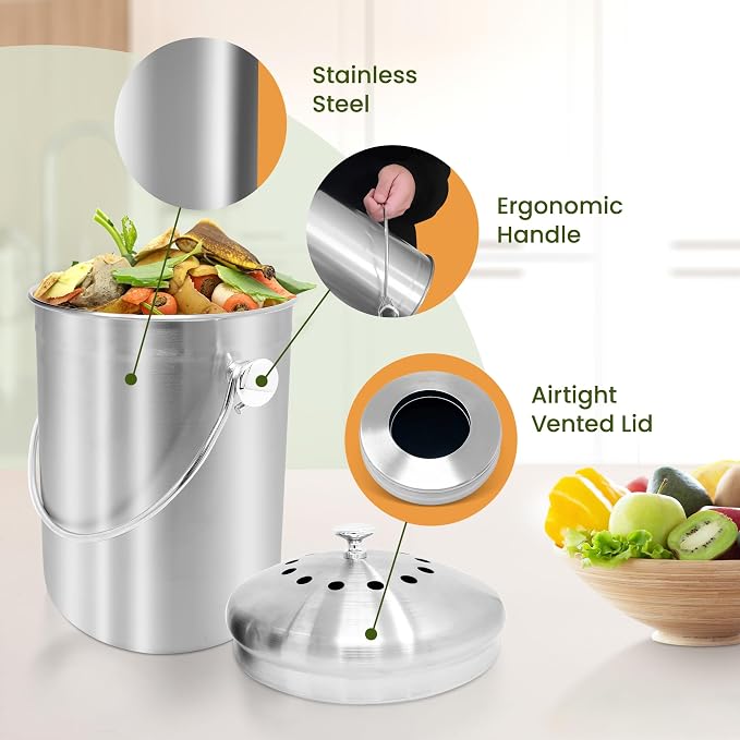 Reli. 1.3 Gallon Stainless Steel Compost Bin for Kitchen | Charcoal Filters | Silver, Indoor Composting Bin with Charcoal Filters | Odorless Food Waste Countertop Bucket