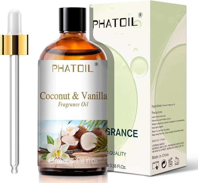 PHATOIL Coconut & Vanilla Fragrance Oil for Diffuser Aromatherapy 3.38FL.OZ | Long Lasting Scented Oils For Humidifier, Air Freshener, DIY Soap Candle, Scent Project Making, Aroma Oil for Home Freshening