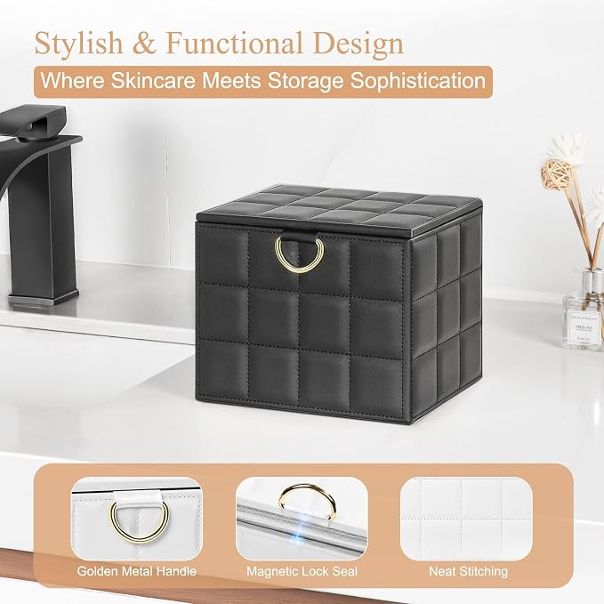 Disposable Face Towel Holder Box XL for Clean Skin Club Organizers | Black PU Leather Face Towels Container, Reusable Organizer for Clean Skin Towel Makeup Wipe Holder Counter Bathroom Storage