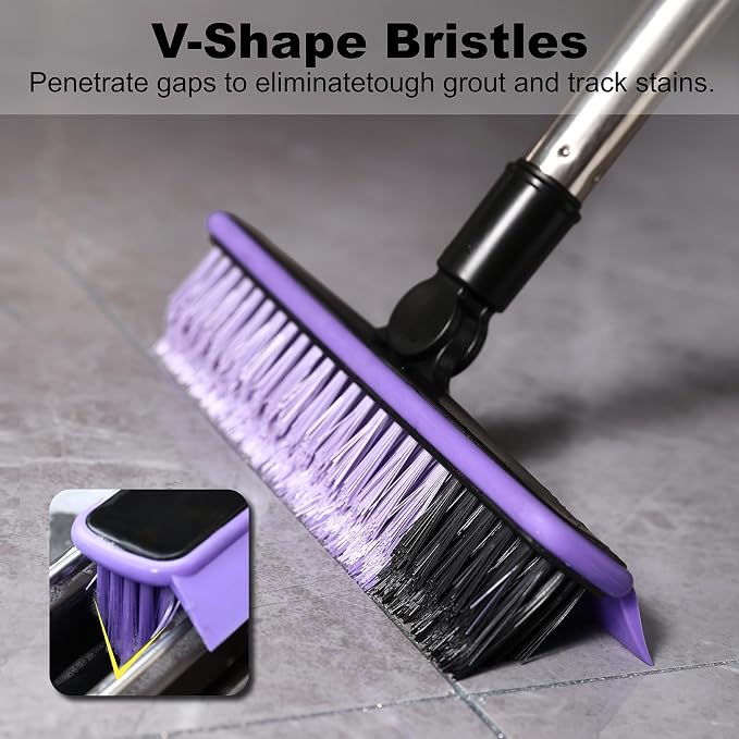 Grout Cleaner Brush with Long Handle, V-Shaped Floor Scrub Brush Swivel Grout Brush Stiff Bristle Floor Grout Scrubber for Bathroom, Tile Line, Crevice, Kitchen, Wall, Deck, Garage (Purple)