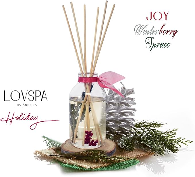 Reed Diffuser Set - Joy Winterberry Spruce Scented Diffuser with Sticks | Holiday Home Fragrance Reed Diffuser for Bedroom, Bathroom Shelf Décor, with Real Botanicals in the Bottle - Made in the USA