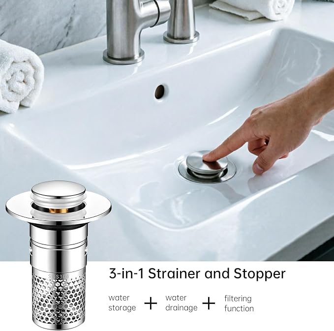 3 Pack Bathroom Sink Drain Strainer, Pop Up Stopper with Hair Catcher | Fits 1.5"-2.3" Drain Holes, Stainless Steel Basket, Brass Core, Tool-Free Installation