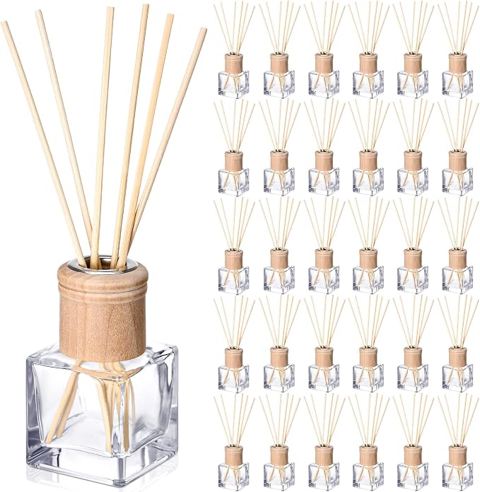 Roshtia 30 Set Reed Diffuser Bottles 50ml Glass Wooden Caps Rattan Sticks | Empty Refillable DIY Oils, Mini Square Jars Bulk, Ideal Home Office Aromatherapy Gifts, 1.7 Oz Fragrance Container